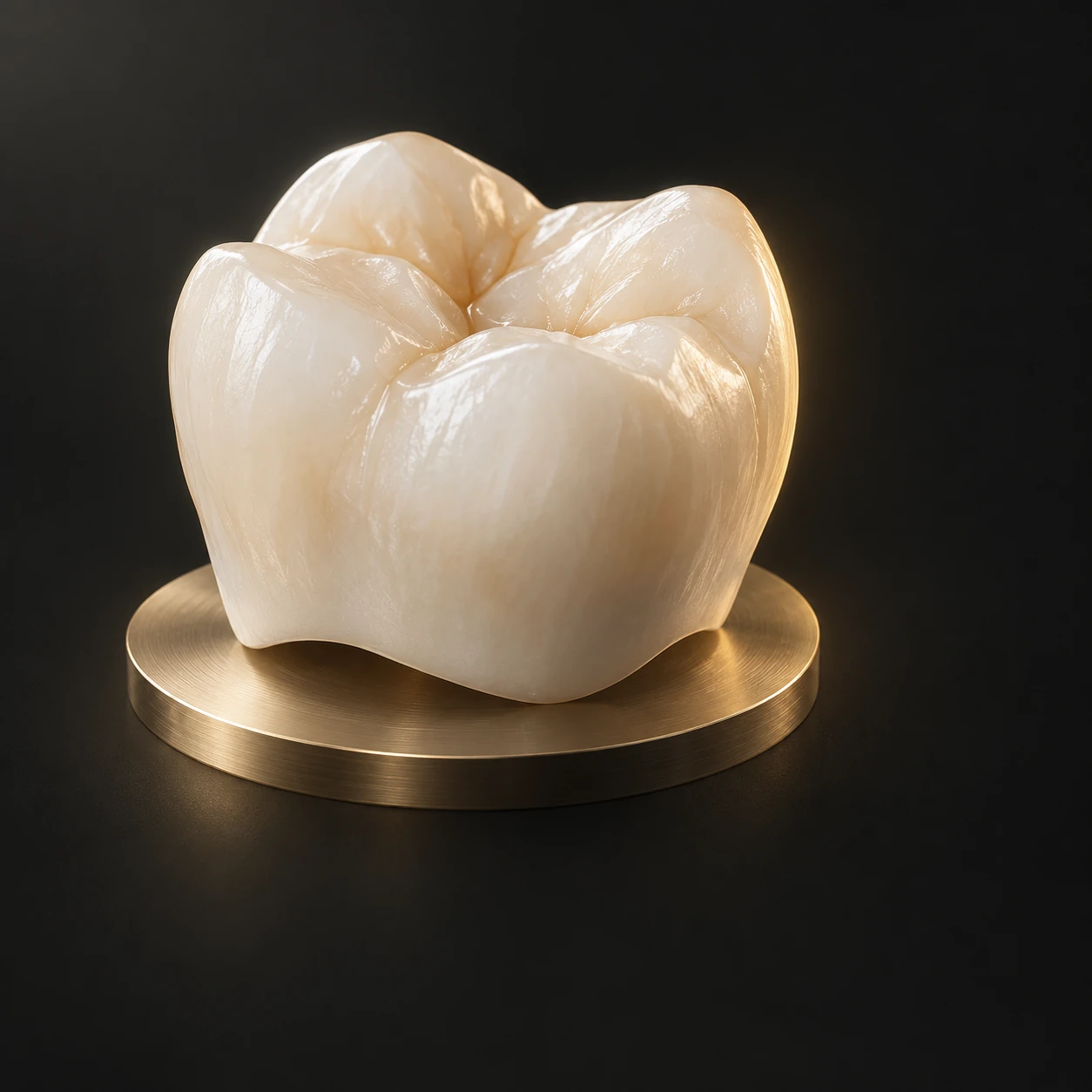 Illustrative close-up of a natural-looking zirconia crown on a gold platform