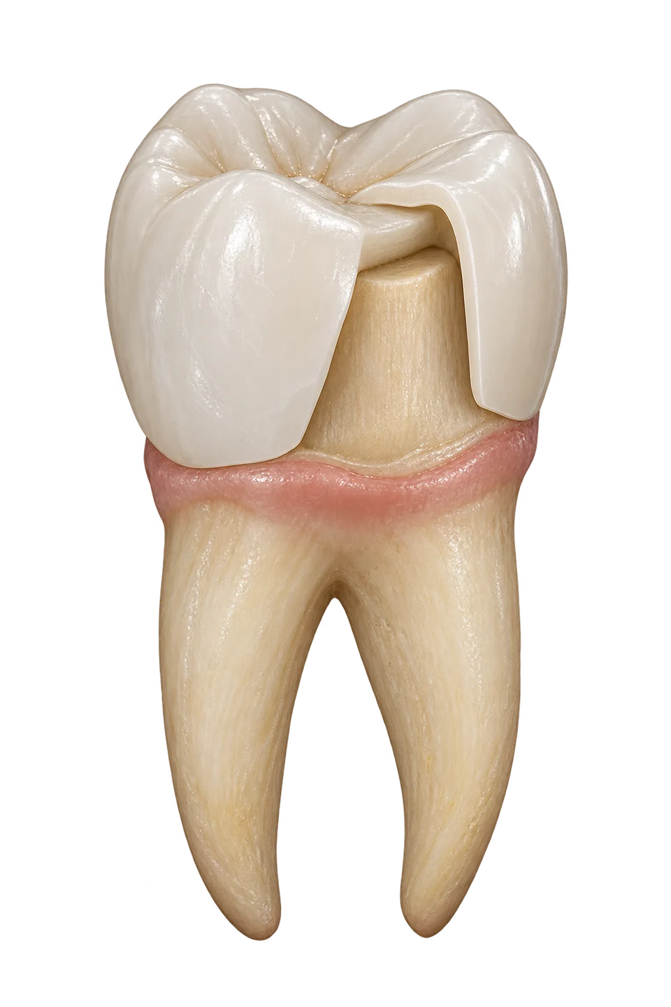 Realistic illustration of a molar with part of its ivory zirconia crown cut away to reveal the prepared natural tooth beneath it