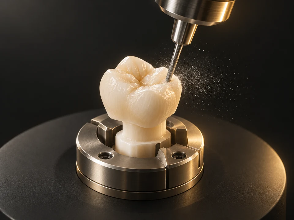 Illustration of a precision dental milling tool shaping an ivory zirconia crown in a metal fixture