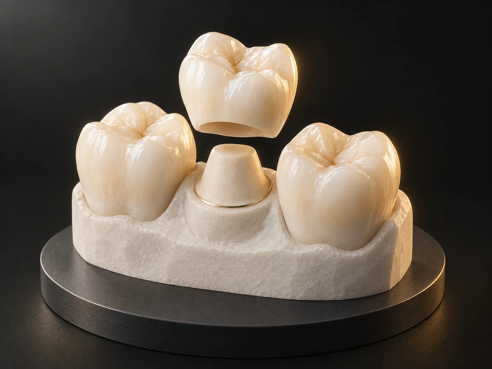Illustration of a custom zirconia crown aligned above a prepared tooth between two neighboring teeth