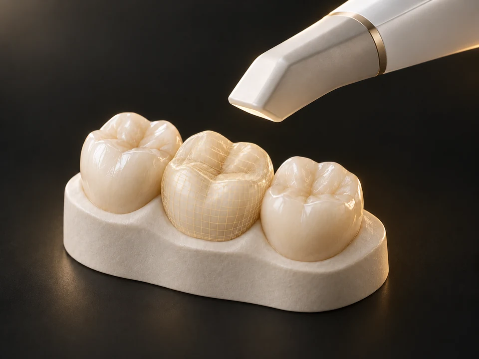 Illustration of a digital scanner capturing a tooth model, with a fine mesh following the center molar